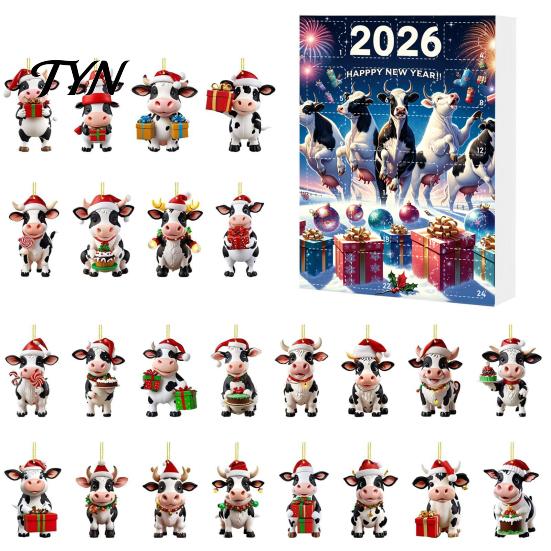 2026 Holiday Atmosphere Gift Set Christmas Cow Ornament Advent Calendar 2026, 24 Days 2D Acrylic Hanging Pendant Flat for Car Rearview Mirror