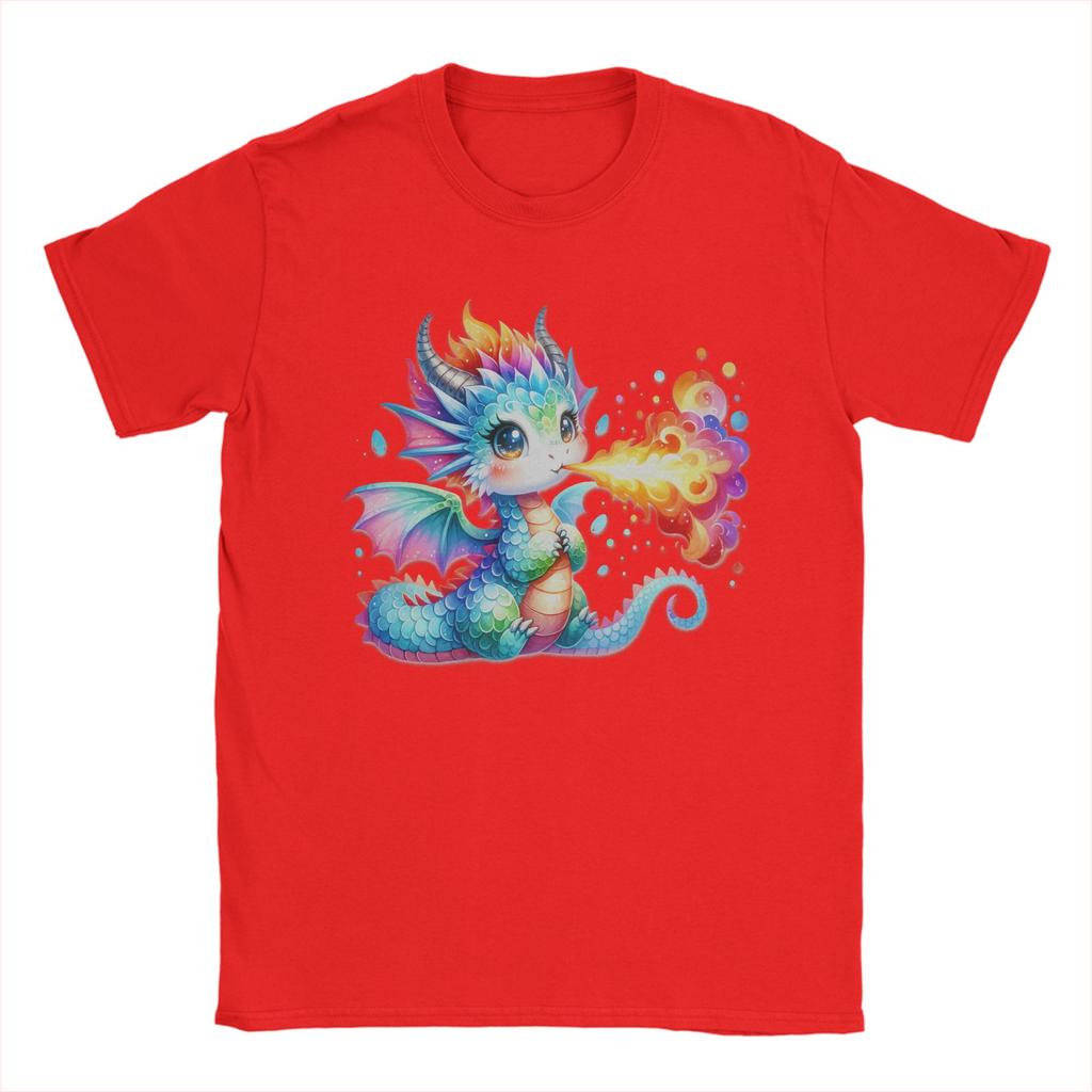 Drachen-T-Shirt mit niedlichem Regenbogen-Drachen, der Feuer speit – Herren, reine Baumwolle, Rundhalsausschnitt, Kurzarm, Sommerkleidung
