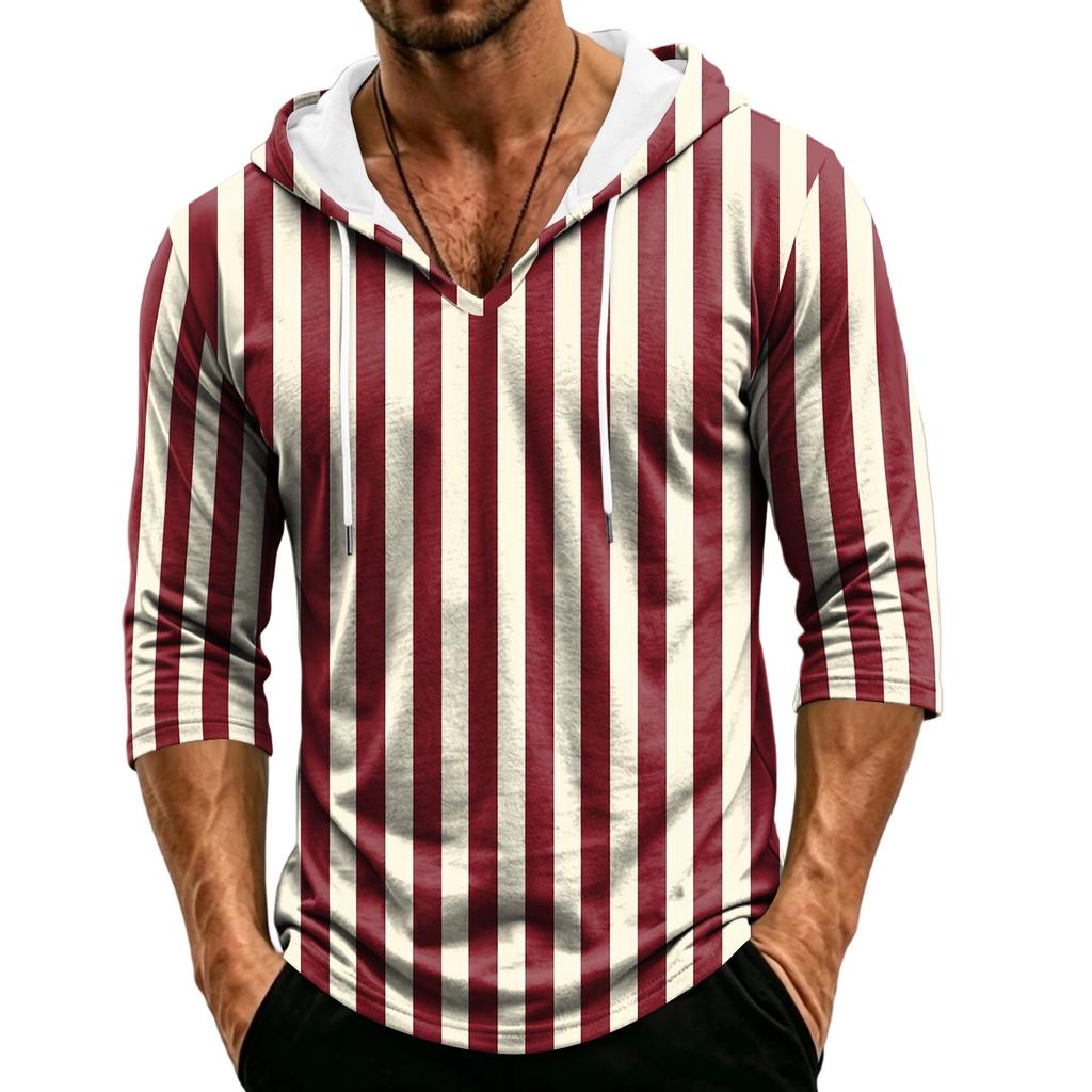 Men's Casual Hooded Striped Three-Quarter Sleeve T-Shirt