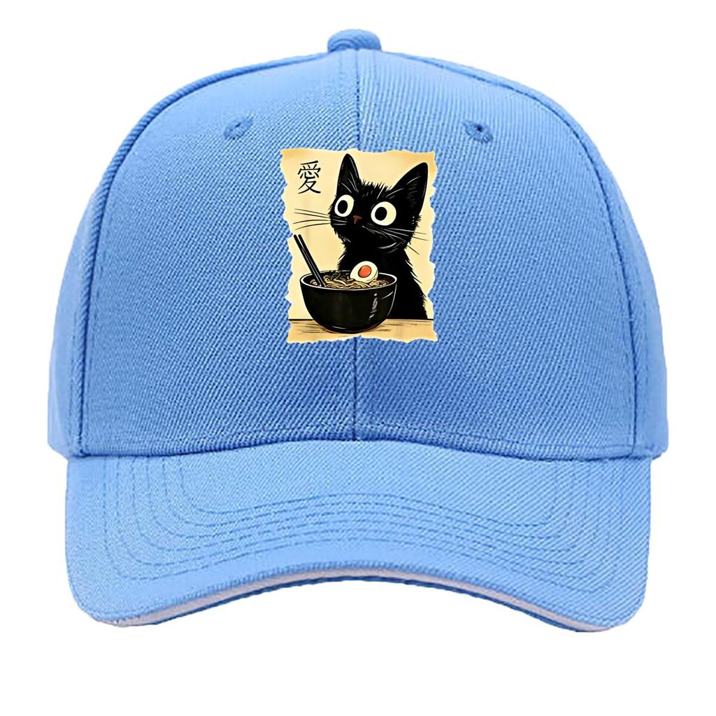 One Fashionable Printed Cartoon Cat Noodles Pattern Summer Curved Brim Cap Trendy Daily Wear Duckb Sandwich Baseball Cap