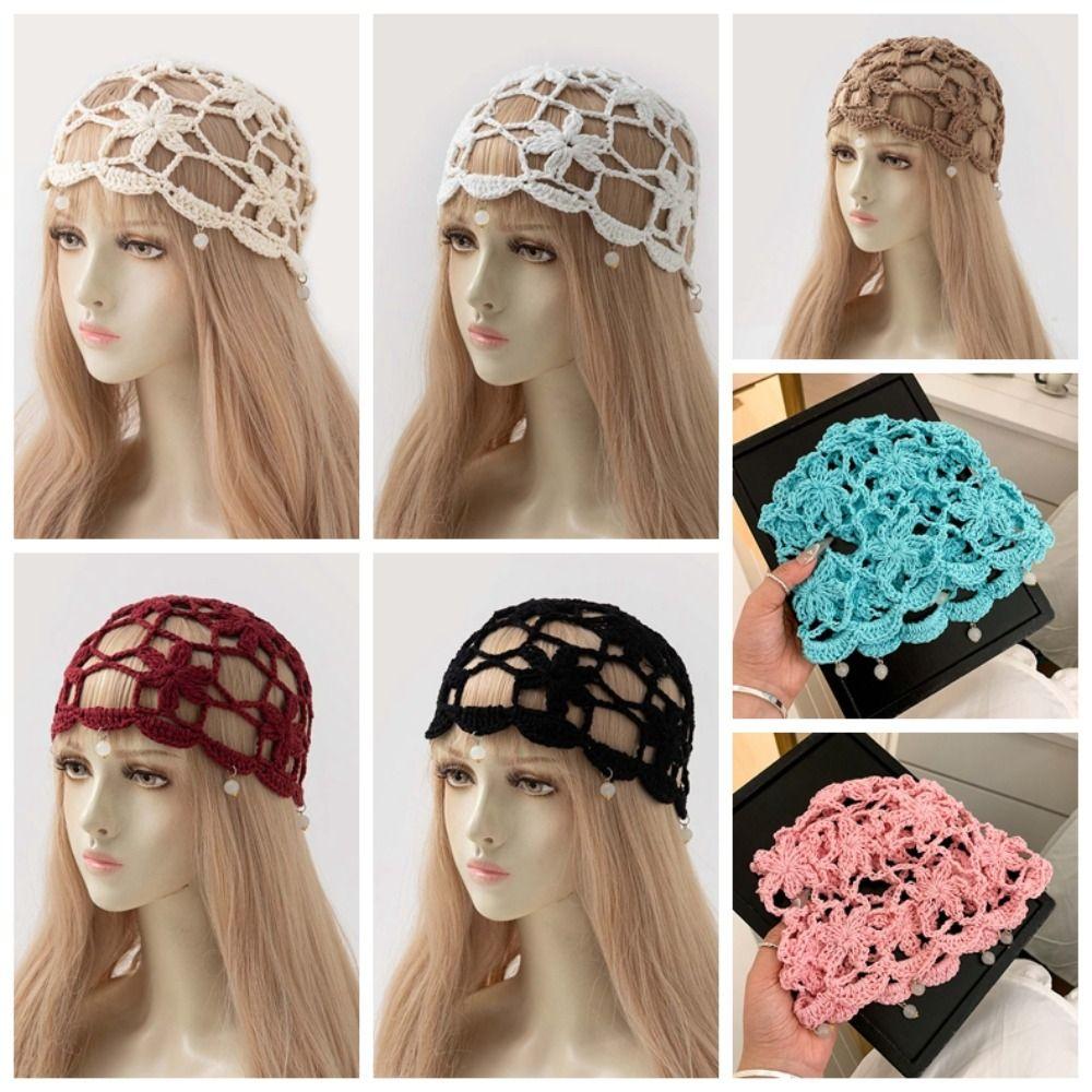Handmade Crochet Flower Knitted Hat Bohemian Style Woven Cap Cute Hollowed Out Beanie Cap  Women