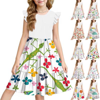 Summer Children's Dress Girls Printed Flowers Casual Cute Round Neck Princess Dress
