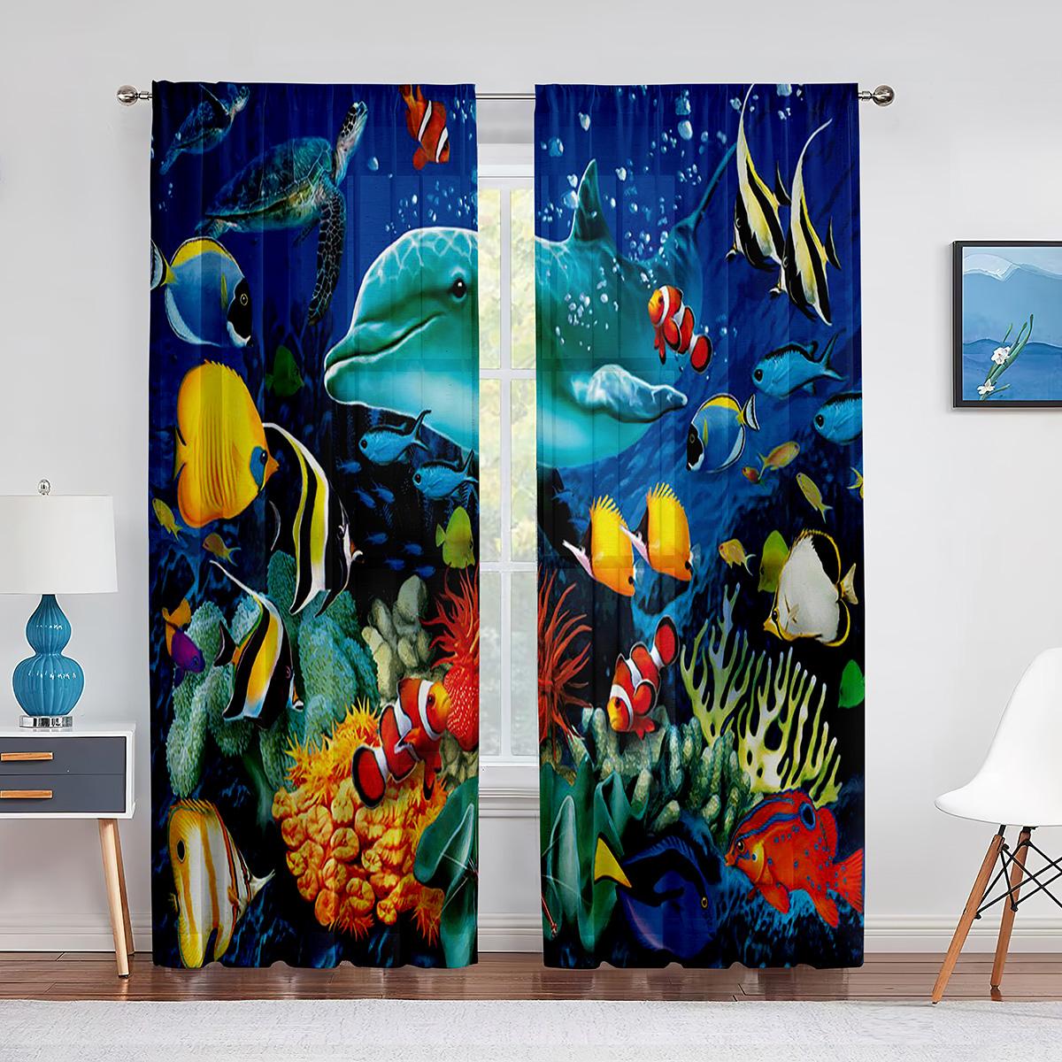 Cortinas de Tul con Tema Océano Submarino Peces Tropicales Coral Vida Marina para Sala de Estar Dormitorio Cortinas Voile Transparentes para Cocina 1 PCS W100XH250cm&Rod Pocket blue