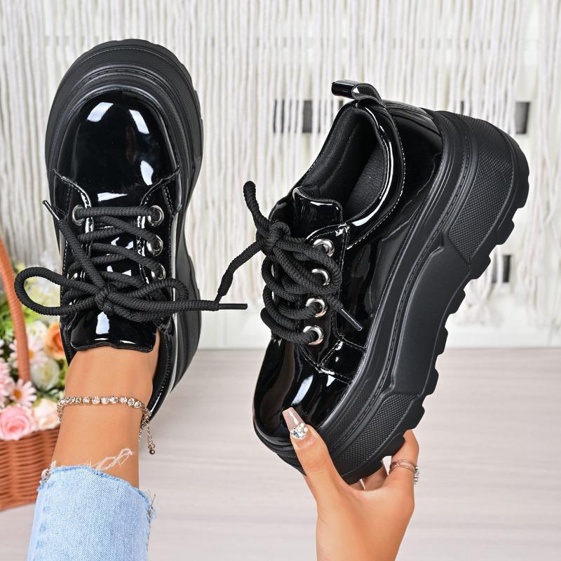 Wedge Platform Sneakers Fall New Round Toe Spliced Front Lace-Up Anti-Slip Wear-Resistant Low-Top Shoes