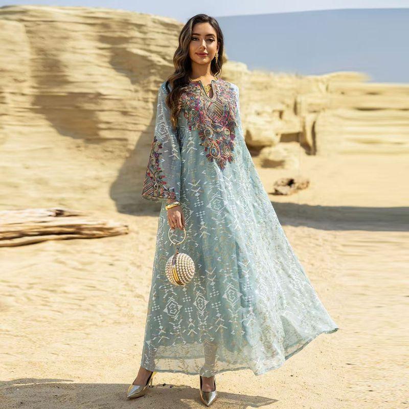 New Middle East Fashion Mesh Embroidery Embroidered Patchwork Robe Dress Mesh Embroidered Dress