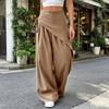 Yousheng Women Long Pants, Oversized Wide Leg Trousers with Apron Decor, Pure Color Elastic Waist Casual Pants for Daily Commuting