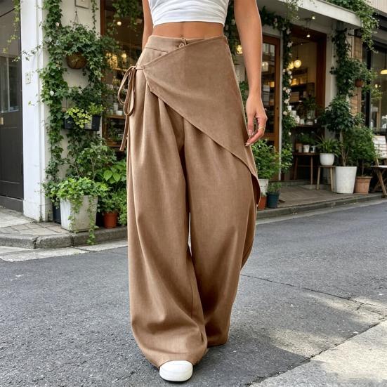 Yousheng Women Long Pants, Oversized Wide Leg Trousers with Apron Decor, Pure Color Elastic Waist Casual Pants for Daily Commuting