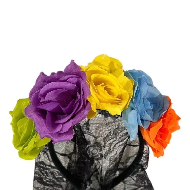 2PCS Black Veil Halloween Rose Flower Headband Costume Cosplay Wedding Mexican Rose Flower Crown Headband Day of The Dead Party