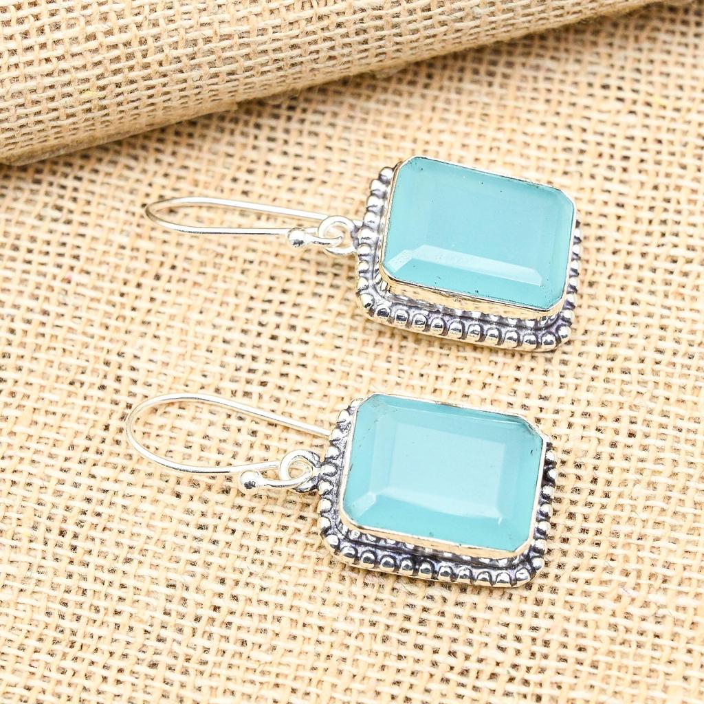 Pretty Blue Chalcedony Gemstone Handmade 925 Solid Sterling Silver Jewelry Earrings For Her