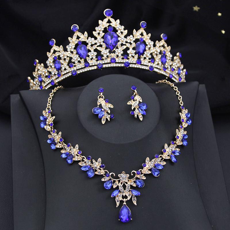 Gorgeous Princess Purple Crystal Bridal Jewelry Sets for Women Tiaras Crown Bride Earrings Wedding Necklace Jewelry Set