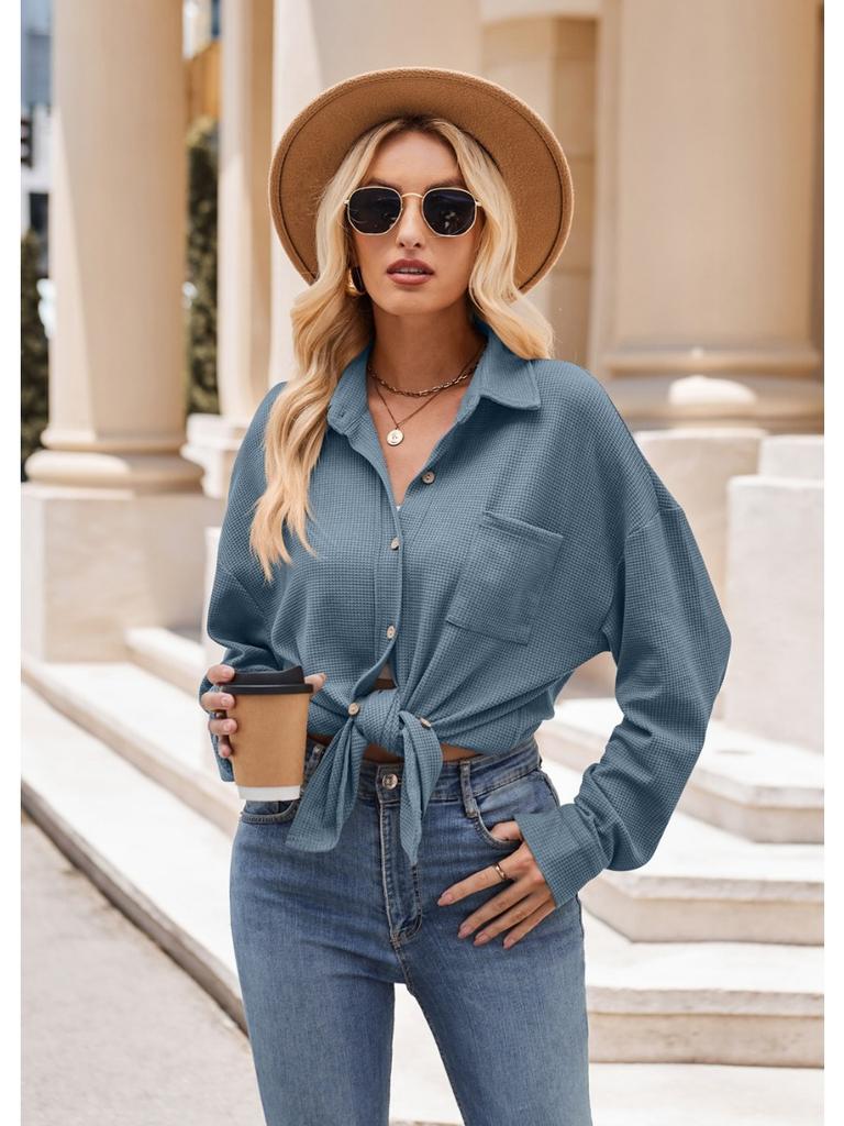 Single Breasted Pocket Waffle Fashion Shirt 2023 Women's Autumn and Winter New European and American Casual Loose Tops