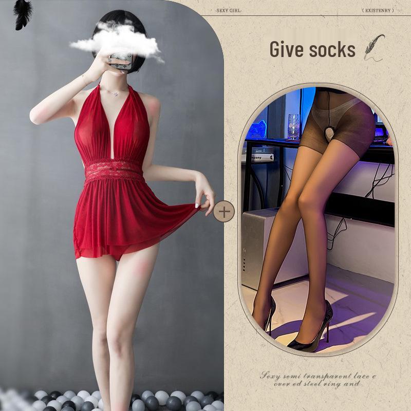 European-American Deep V Backless Mesh Halter Nightdress
