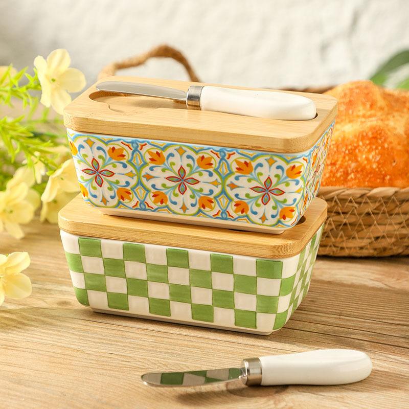 American Pastoral Style Ceramic Butter Container Box Restaurant Sealed Cheese Storage Box with Knife Bamboo Lid Butter Dish