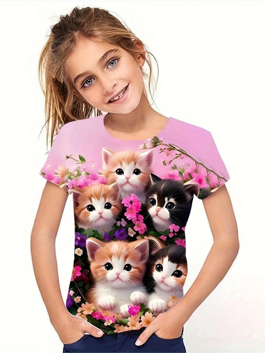 

Summer 3D Print Kitten Girls Clothes Short Sleeve Tee Tops Round Neck Children T-Shirt Casual Kids 160