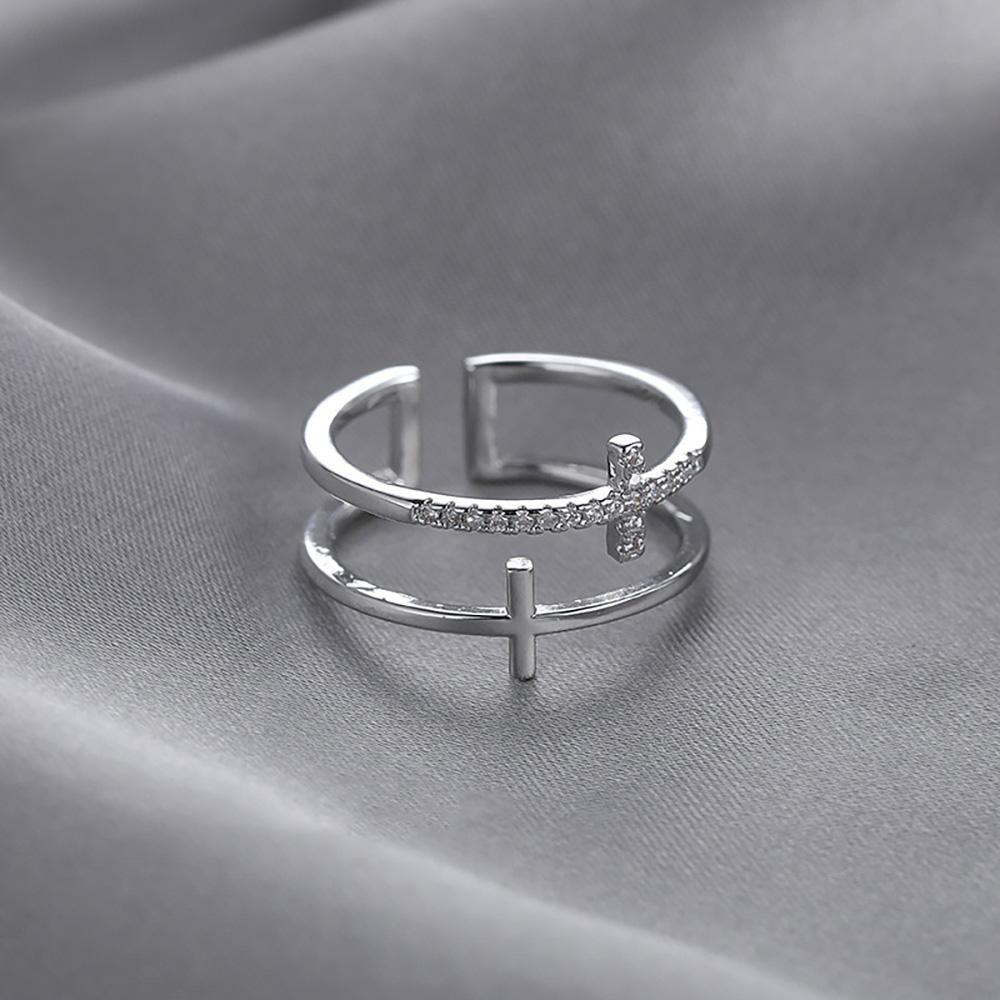 Gold Sliver Color Double Layered Zirconia Cuff Rings For Women Openable Figure Accessory