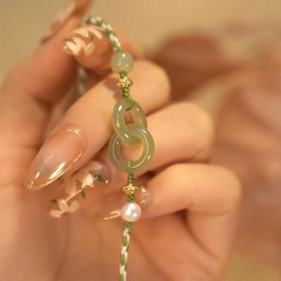 Imitation Hetian Jade Braided Bracelet with Peace Buckle Double Ring Design - Ethnic Style Women's Gift