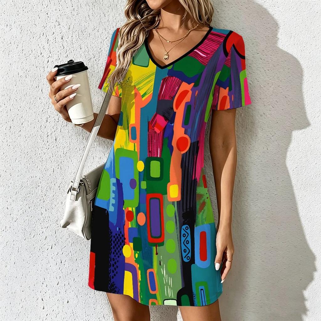 Mode d'été pour femmes Robe à col en V à manches courtes avec imprimé géométrique rétro Jupe courte sexy Robes