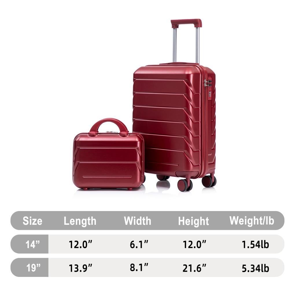 14"/19" 2-piece ABS spinner luggage set with combination lock & 14" cosmetic bag (wine red)
