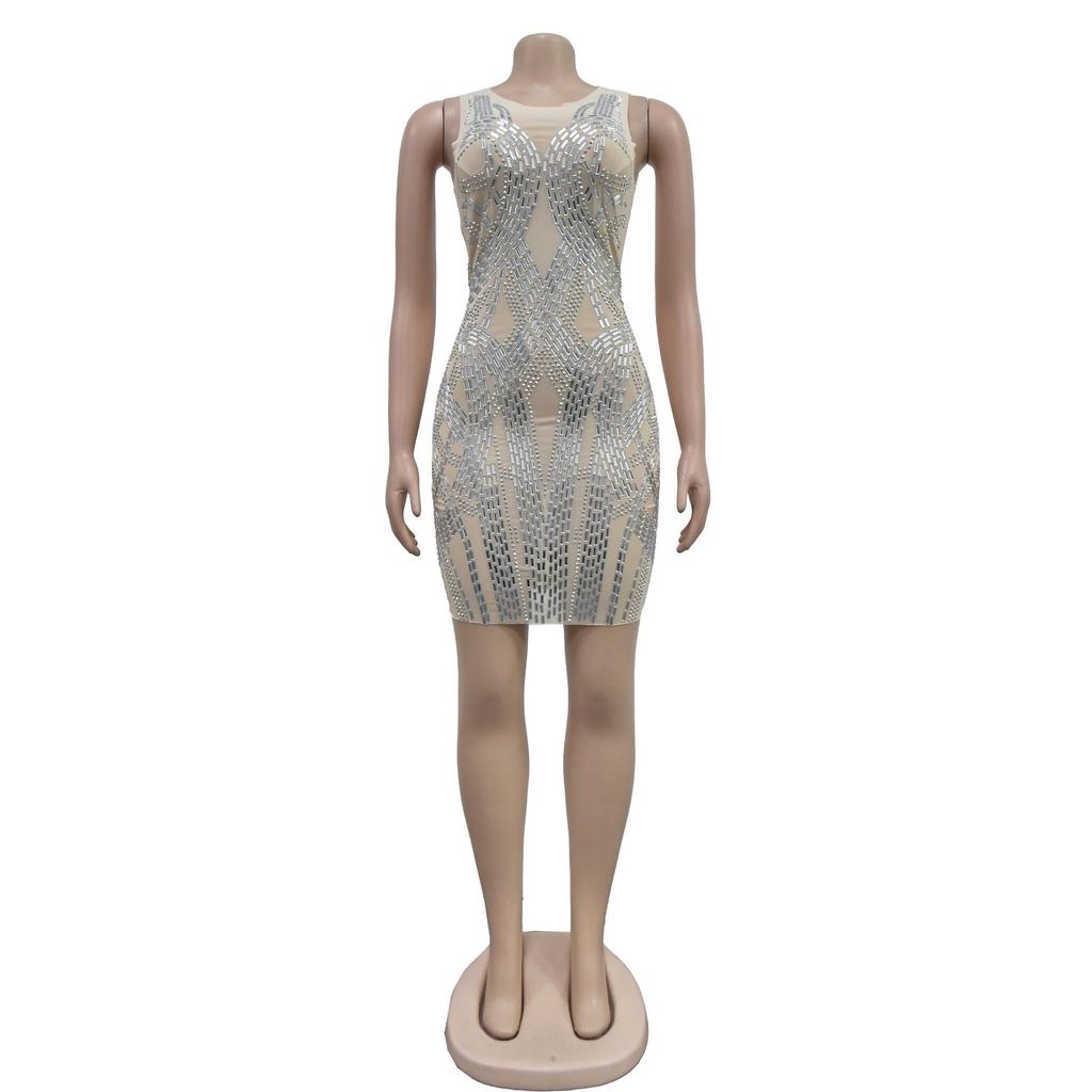 Damen Mode Netz-Kurzkleid in Unifarbe mit Heißbohrung
