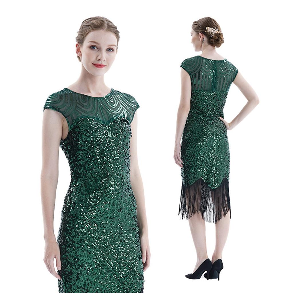1920S Vintage Gatsby Ball Gown, Round Neck Sequin Embroidered Large Size Dress