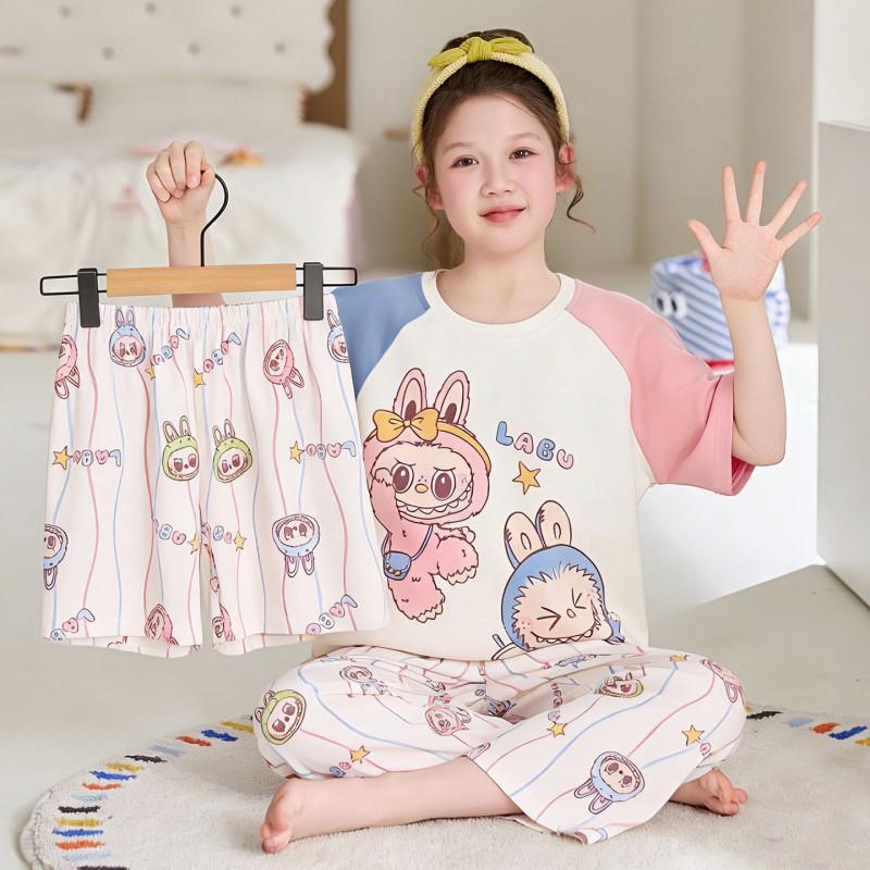 2026 Cotton Pajama Set Girls Short Sleeve Thin Sleepwear Sweet Cartoon Print Kids Home Outfit