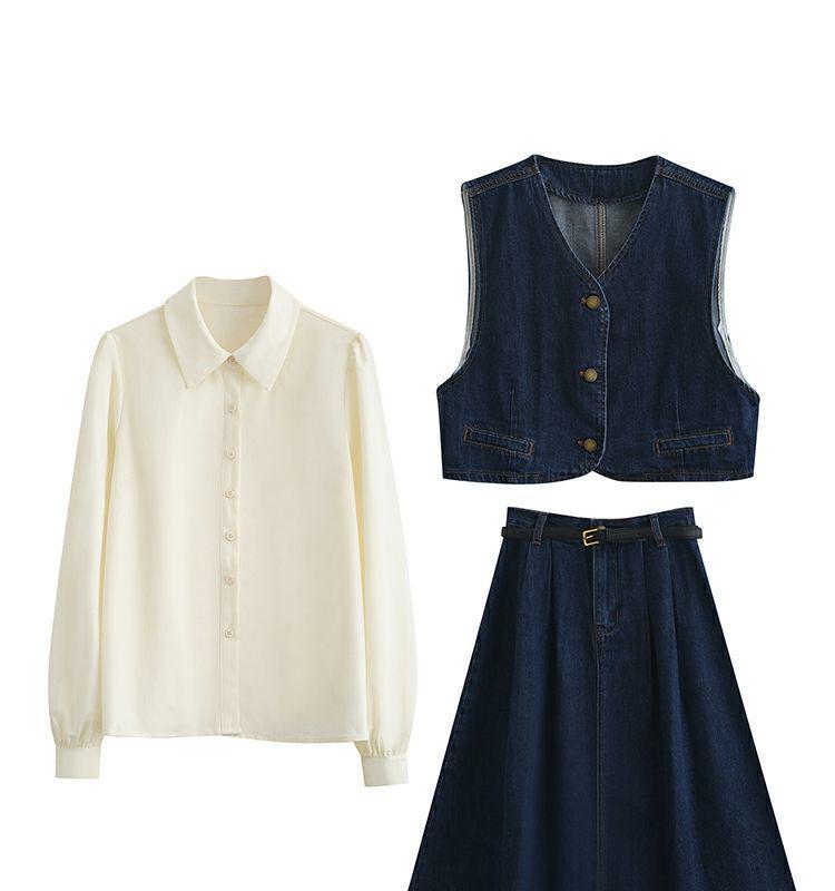 Retro Denim Vest & Midi Skirt Three-Piece College Style Set