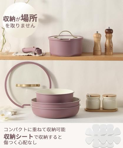 CAROTE 5-Piece Frying Pan Set (Cookware Set) - IH & Gas Stove Compatible, PFOA & PFOS Free, Detachable Handle, Marble Coating, Non-stick, Easy to Clea