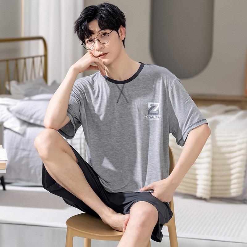 2 Pieces Set Men's Summer Cotton Pajamas Set Short Sleeping Tops Pants Sleepwear Male Casual Nightwear Pijama Pyjama Night Cloth
