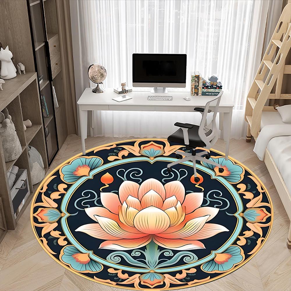 1 Stück Lotus Mandala Büro Runder Teppich, Indoor-Matte Geeignet für Büro, Unter Bürostühlen Schlafzimmer Wohnzimmer Heimdekoration, Raum Deko