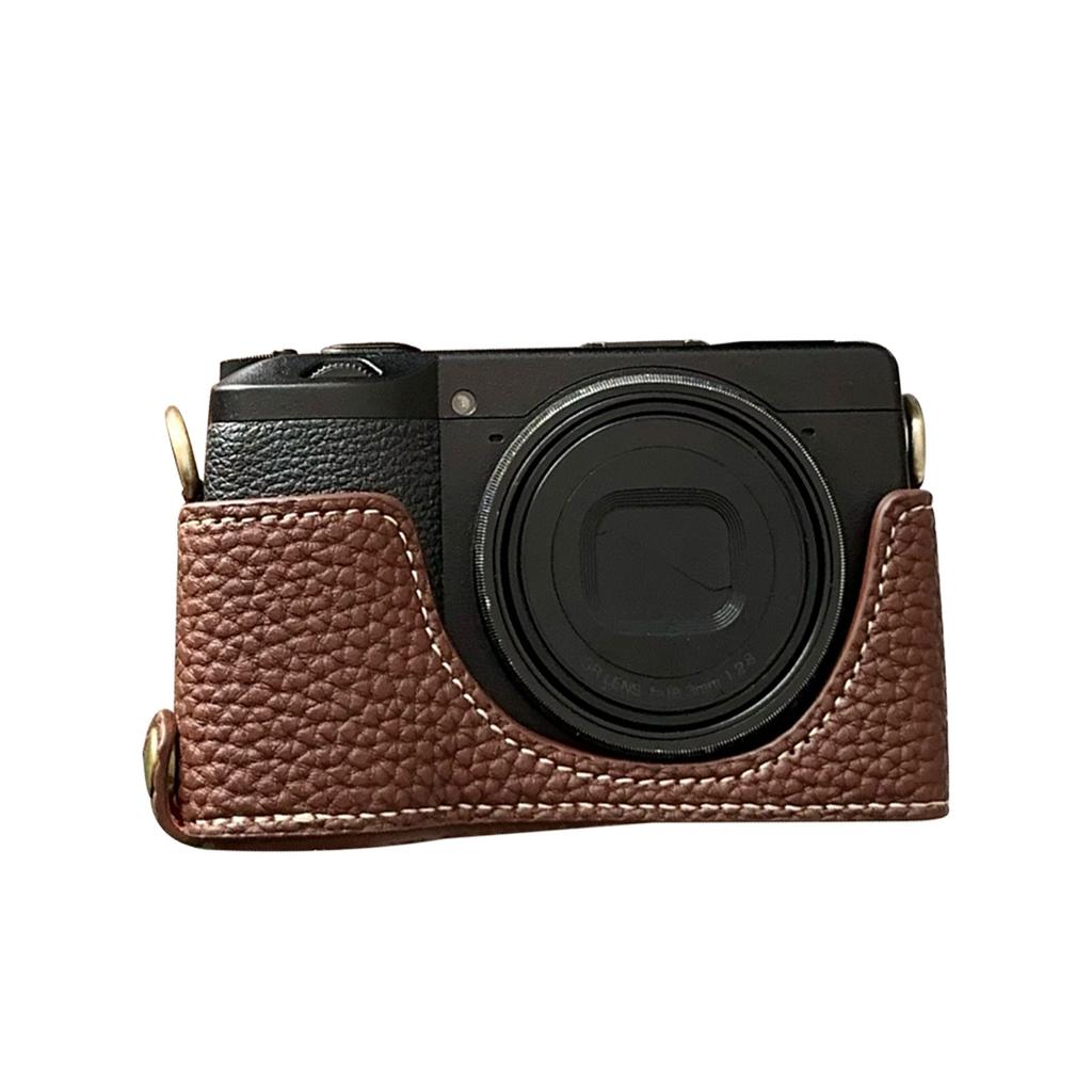 Vintage PU Leather Camera Bag Half Body Protective Cover with Strap for GR IIIx GR III GRIII GR3 Enhanced Grip Soft Lining 1Celsius4 Inch Thread Hole