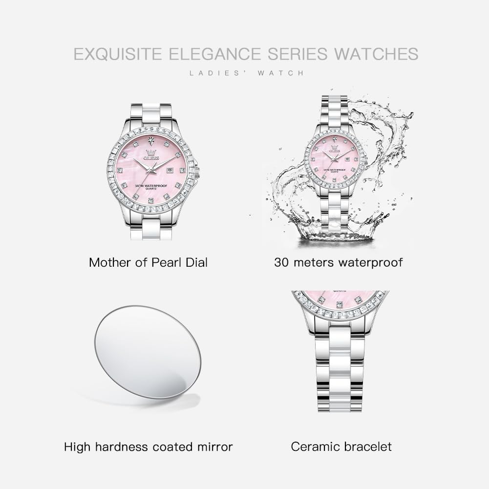 OLEVS Women's Watch Shell Dial Ceramic Diamond Date Waterproof Luminous For Work/School Girl With Bracelet Pink