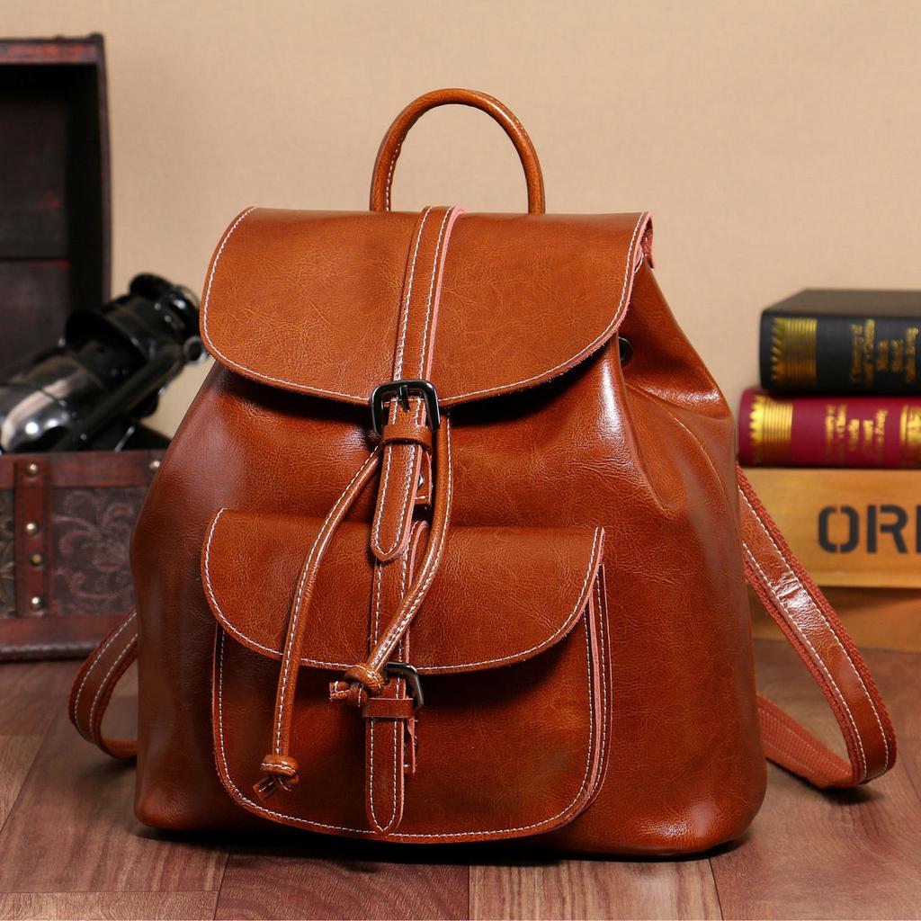 Women's Fashion Trend Leather Backpack Leisure Travel Oil Wax Soft Leather Small Backpack