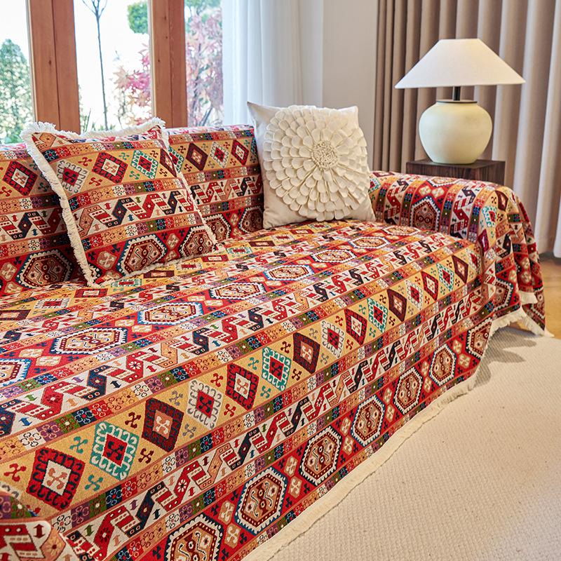 Boho Retro Sofa Cover Cotton Linen Pet Scratch Resistant Anti-Slip All-Season One-Piece Sofa Blanket