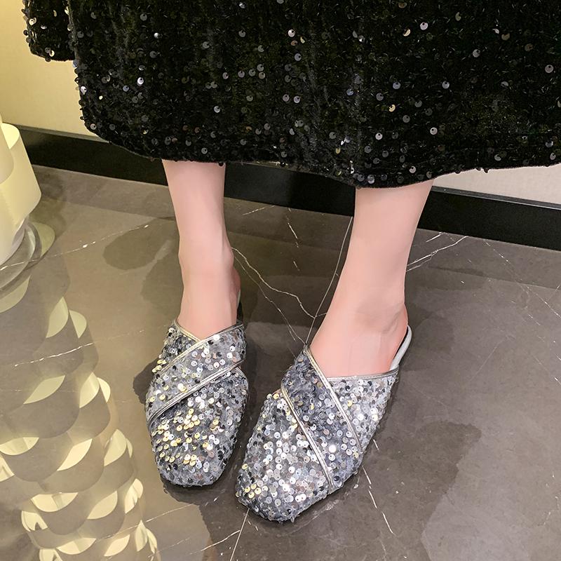 Fashion Fashion square head sequin cloth slippers spring new Bao head deep mouth soft sole anti-slip wear-resistant flat shoes