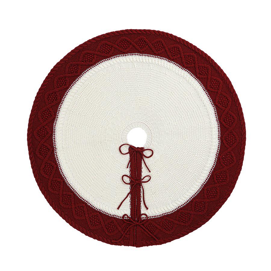 Festive Red-Edged White Rhombus Knit Christmas Tree Skirt