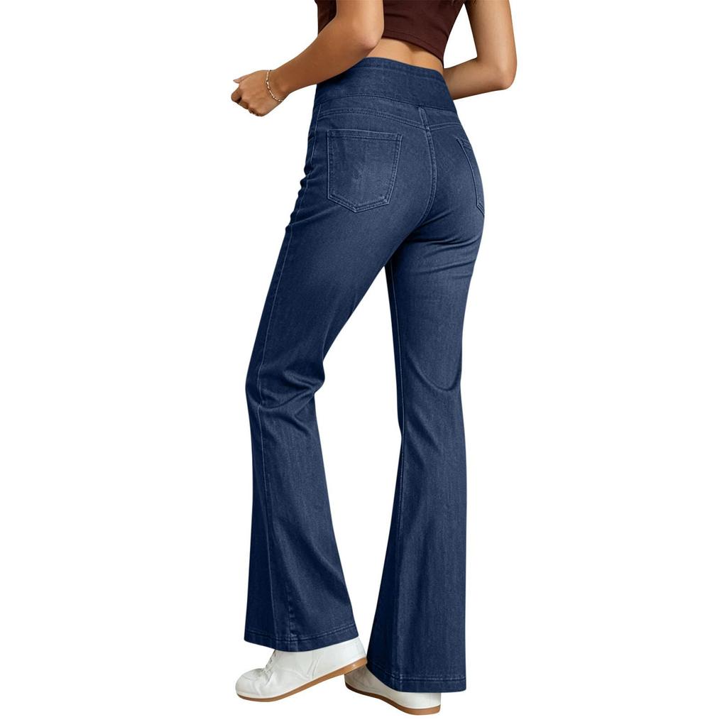 Jeans a zampa colorati da donna con vita elasticizzata e tasche multiple