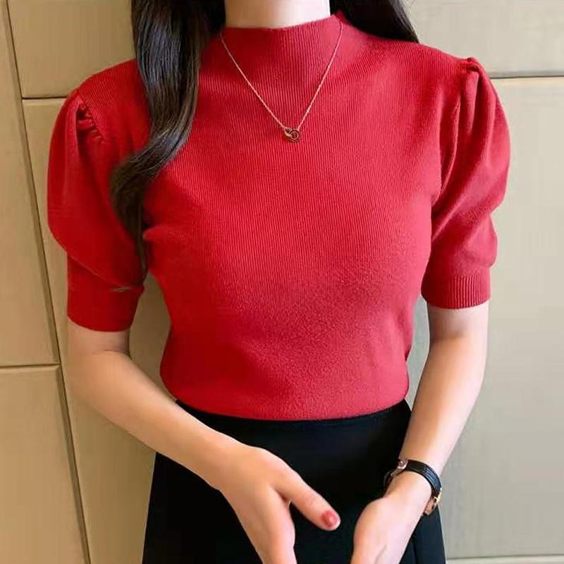 

Модные летние узкие вязаные свитера с коротким рукавом, пуловеры, женские топы, черный белый пуловер, вязаный женский свитер JJ26 One Size красный