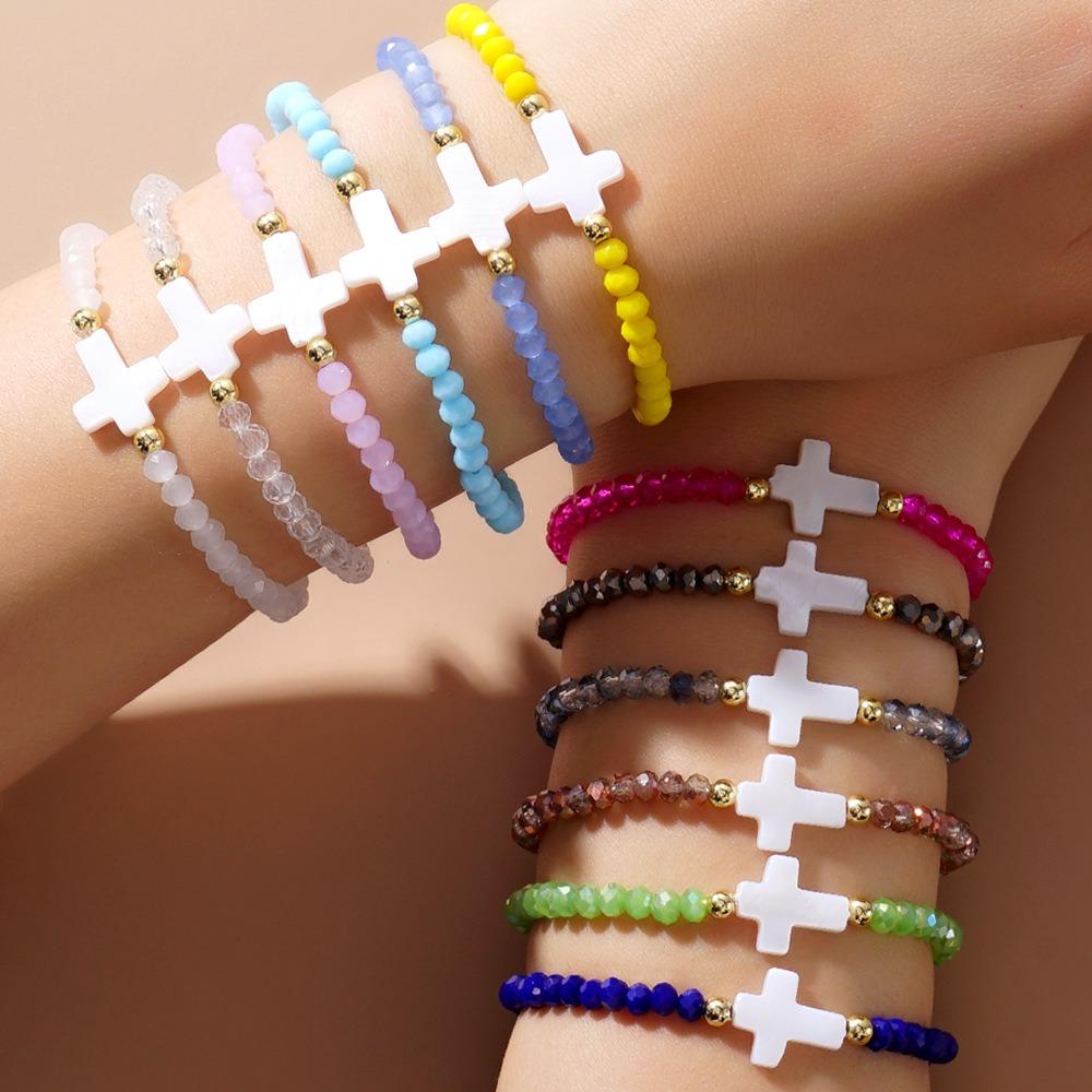 Bohemian Colorful Multi-faceted Crystal Bead Cross Shell Elastic Beaded Bracelets for Women Friend Vacation Stackable Jewelry