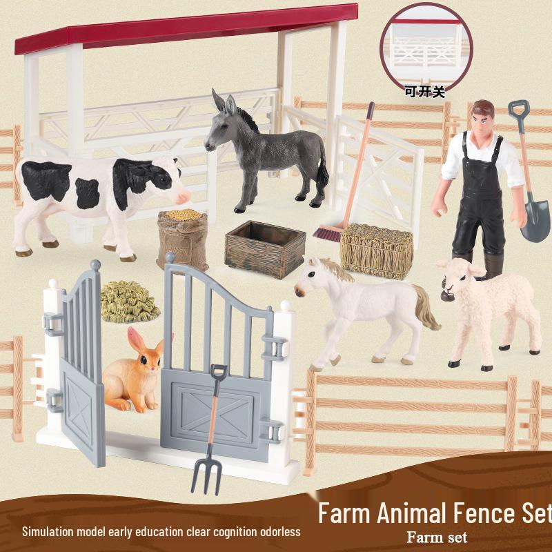 Farm Animal and Human Figures Playset with Fences: Rabbit, Sheep, Donkey, Cow - Parent-Child Simulation Toy