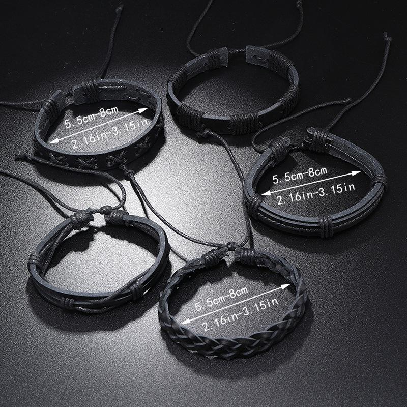 Men's 5-Piece Handmade Braided Black Leather Bracelet Set - Multi-Layer Hip Hop Bangle