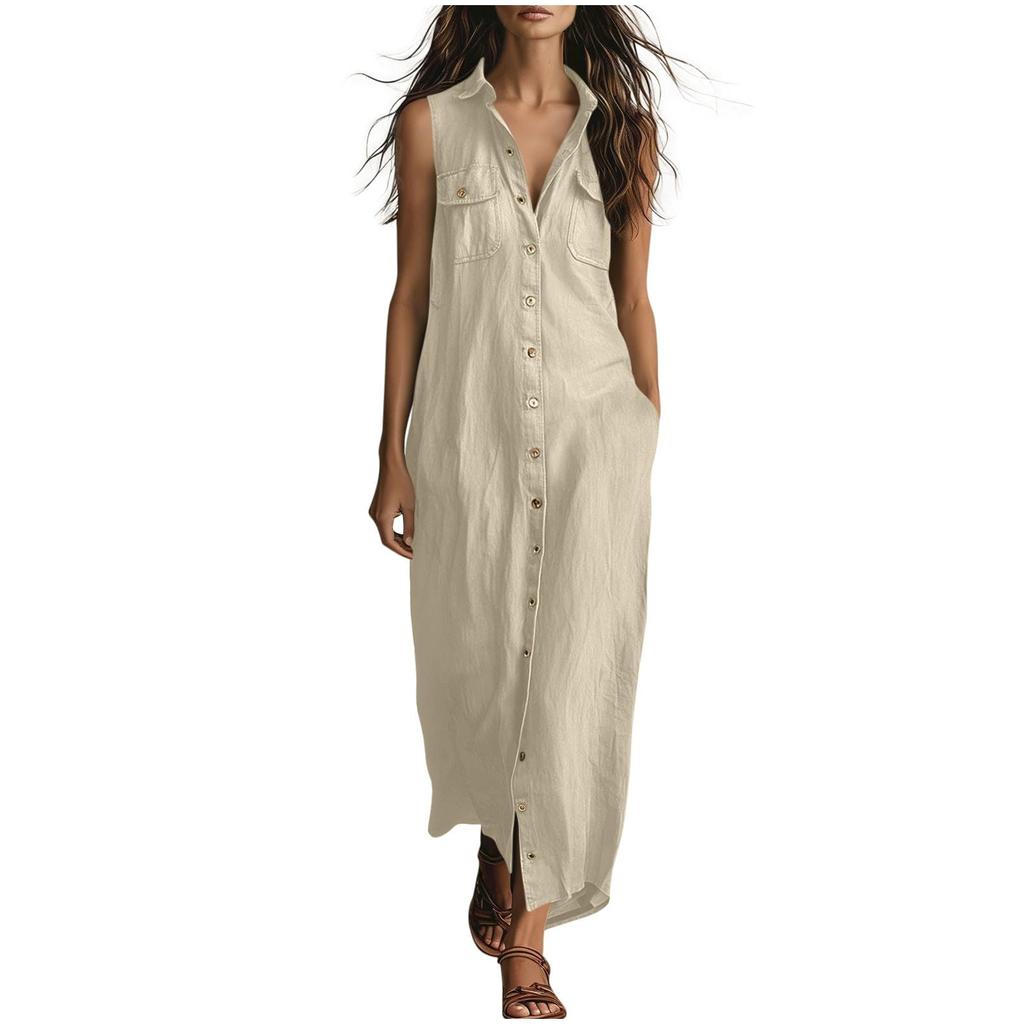 Women's Fashionable Lapel Button Loose Bohemian Vacation Beach Dress With Pockets