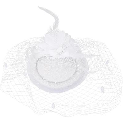 Lurrose Vintage White Plume Flower Pillbox Hat with Veil, Wedding Fascinator Headwear for Women, Cocktail Party and Special Occasion Accessory