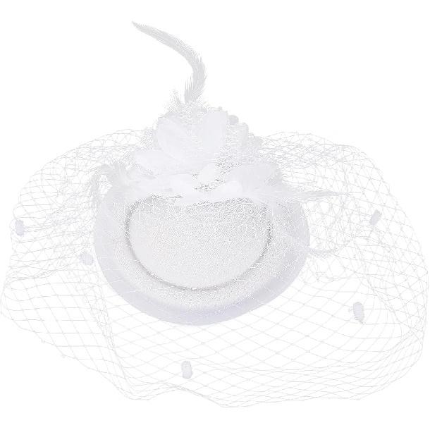 Lurrose Vintage White Plume Flower Pillbox Hat with Veil, Wedding Fascinator Headwear for Women, Cocktail Party and Special Occasion Accessory