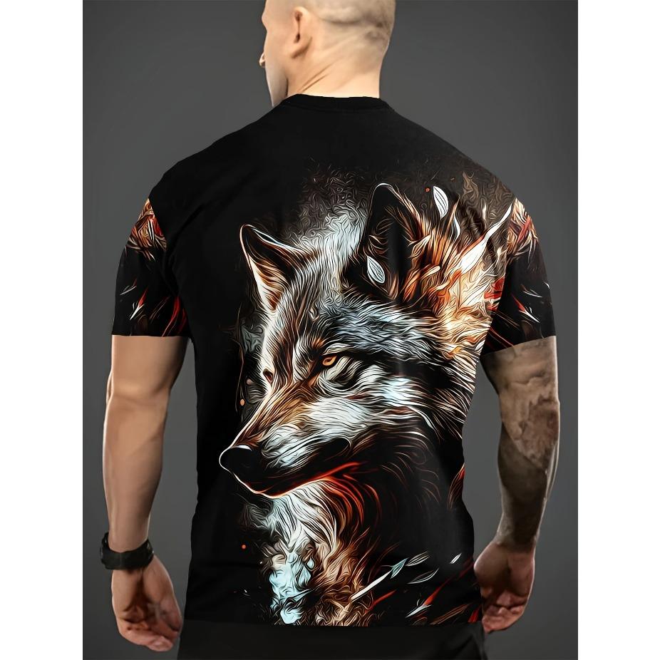 Pánské tričko s 3D potiskem vlčí smečky v horské noční scéně - Živá grafika vyjících vlků a úplňku, ležérní tričko s krátkým rukávem a kulatým výstřihem