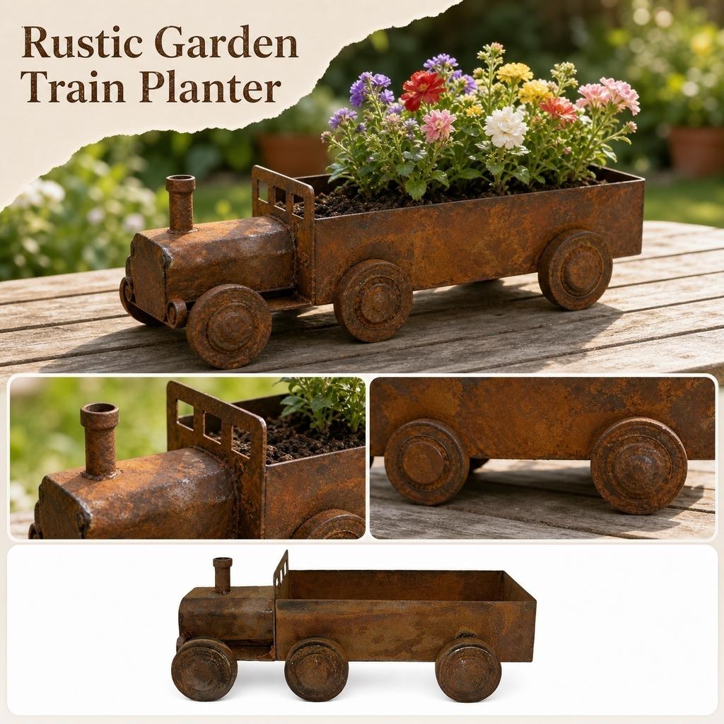 Rustikaler Dampflokomotivförmiger Metall-Pflanztopf Outdoor-Garten Dekorative Eisenkunst-Skulptur Blumentopf-Behälter für Hof Terrasse