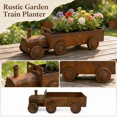 Rustic Steam Locomotive Shaped Metal Planter Outdoor Garden Decorative Iron Art Sculpture Flower Pot Container for Yard Patio