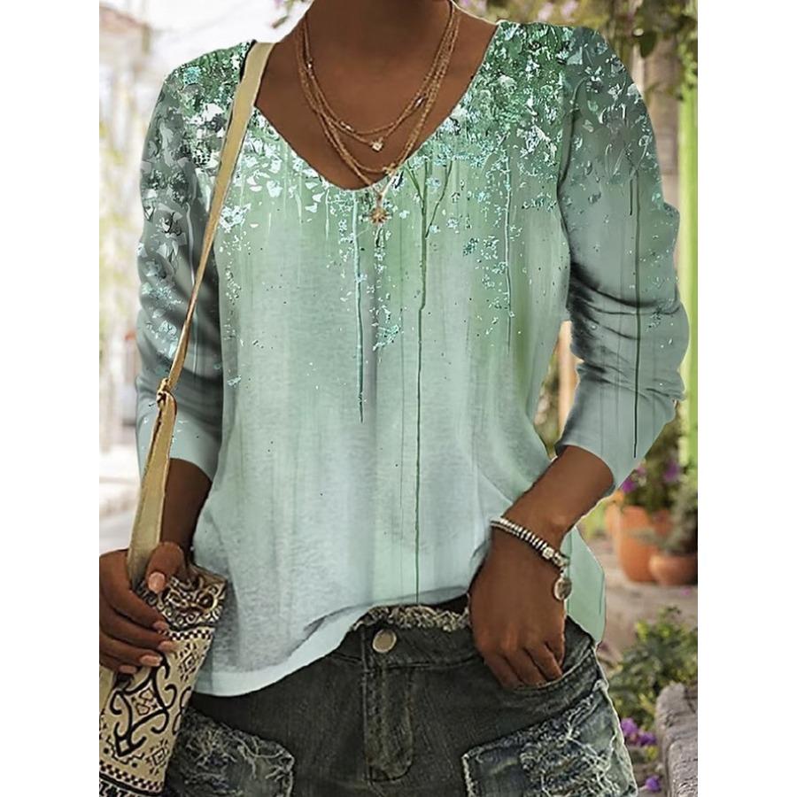 Women's Fashion V-neck Long Sleeved T-shirt Vintage 3d Printed Top