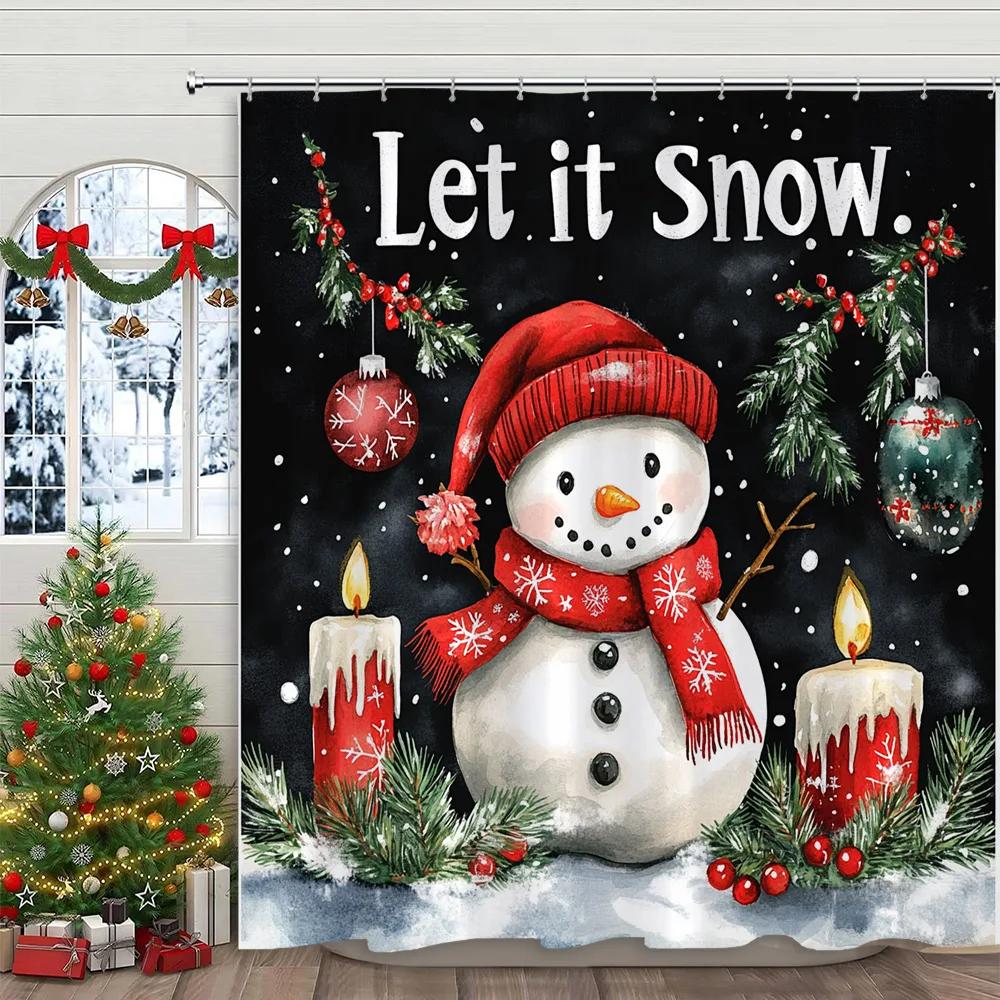 Pink Christmas Printed Shower Curtain Cute Snowman and Christmas Tree Gift Polyester Shower Curtains Bathroom Decor with Hooks