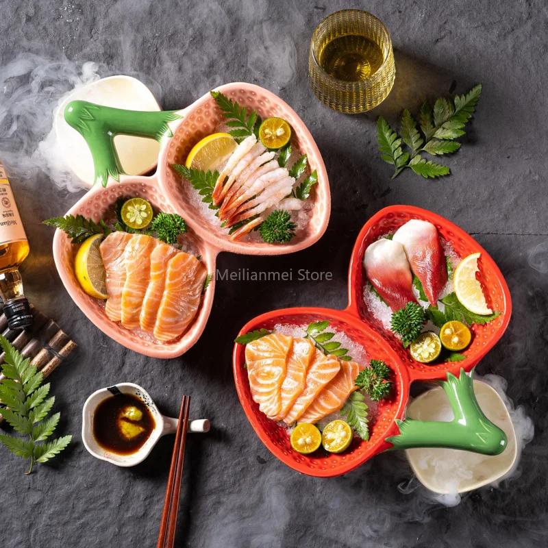 Japanese style ceramic tableware, sashimi plate, salad plate, two grid ceramic strawberry plate dinner set plates and dishes