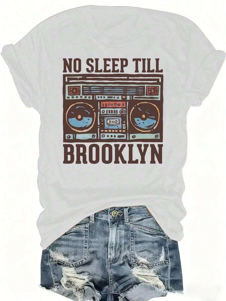 Vintage No Sleep Till Brooklyn Boombox Print T-Shirt For Music Lovers Casual Streetwear Tee S белый